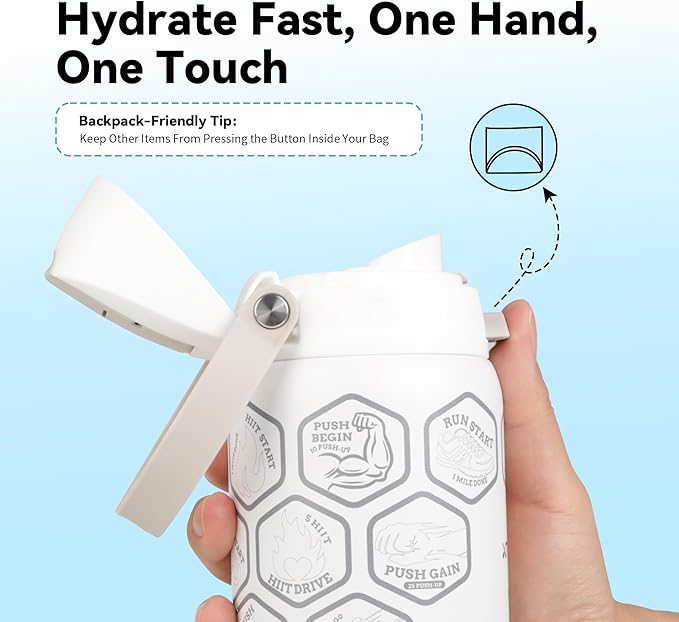 32 oz Motivational Insulated Stainless Steel Water Bottle for Sports, Gym & Travel, 2-in-1 Push-Button Spout & Quick-Flip Straw, Leak-Proof BPA-Free, Keeps Cold 30H, with DIY Fitness Stickers