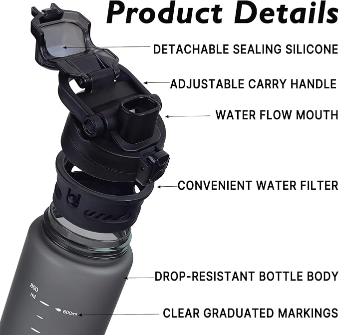 27oz Sports Water Bottle with Removable Filter, Motivational Water Bottle with Capacity Marker, Leakproof Drinking Water Bottle with Handle for Travel Fitness Gym Outdoor (Black)