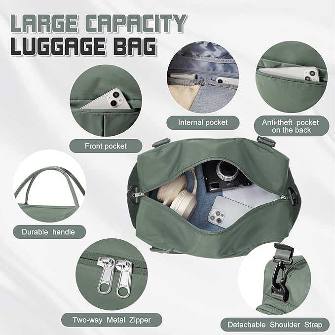 Travel Duffel Bag for Women - Small Waterproof Weekender Tote Carry on Bag with Shoe Compartment, Wet Pocket & Trolley Sleeve - Ideal for Gym, Yoga, Swim, Dance & Workout Green