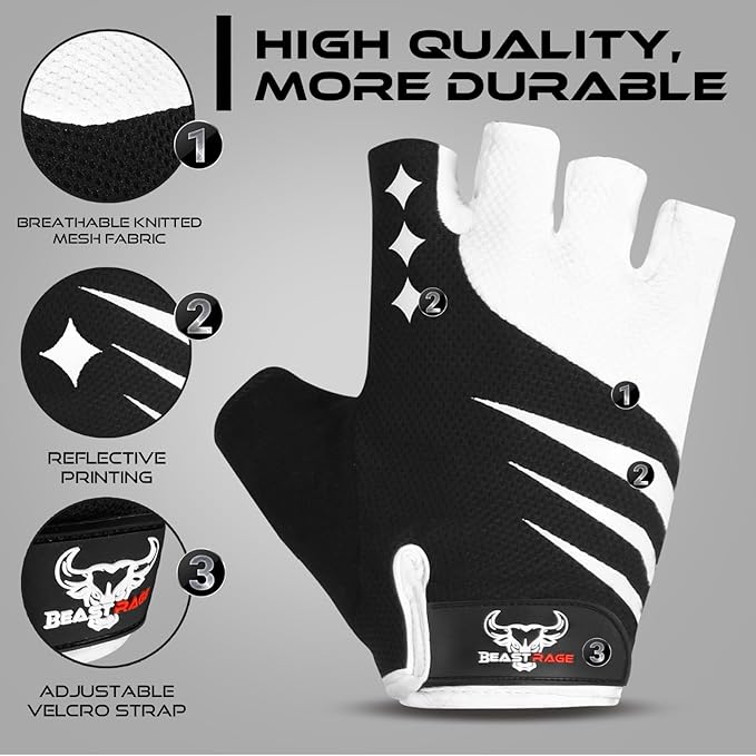 BEAST RAGE Half Finger Cycling Gloves for Men Women, Gel Padded Anti-Slip Shock Absorbing Weight Lifting Gym Gloves Cycle Mountain Bike Gloves for MTB, Biking, Hiking