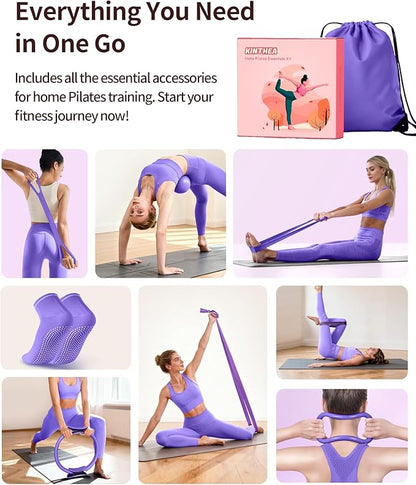 Home Pilates Kit for Women, Essentials Pilates Equipment Set with 14‘’ Pilates Ring and Mini Ball, 5 Resistance Bands & Accessories, Tutorial Charts, Pilates Ring Set for Beginners Workout at Home