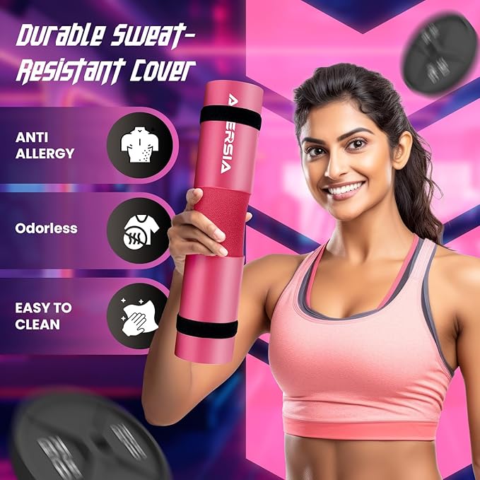 Barbell Pad for Squats & Hip Thrusts – 1.2” Extra-Thick High-Density Foam – Non-Slip Neck & Shoulder Support Cushion – Fits Olympic & Standard Bars – Quick On/Off Design + 2 Securing Straps