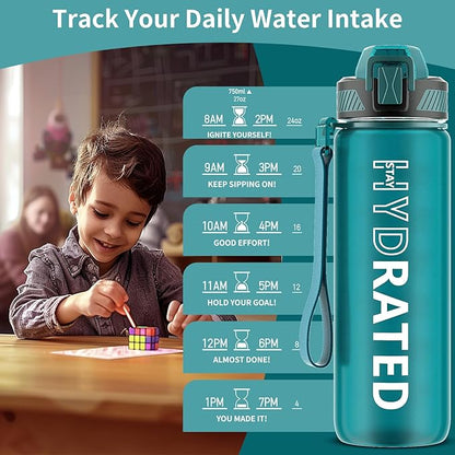 Water Bottle with Straw, 27oz Motivational Water Bottles with Time Marker to Drink, Tritan BPA Free, 750ml Sports Water Bottle with Carry Strap LeakProof for School Fitness Outdoor (1Pack)