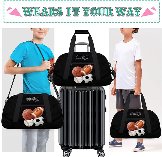 Custom Sports Football Basketball Baseball Duffel Bag Boys, Personalized Name Gymnastics Sport Gym Training Duffel Sportsman Bag Men, Solid Black Background