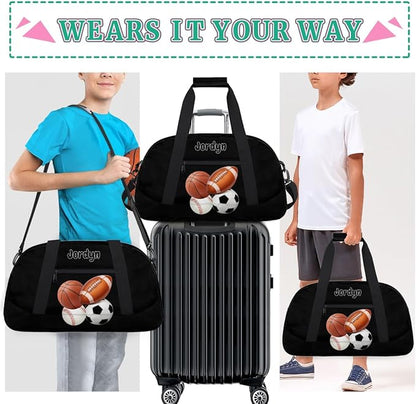 Custom Sports Football Basketball Baseball Duffel Bag Boys, Personalized Name Gymnastics Sport Gym Training Duffel Sportsman Bag Men, Solid Black Background