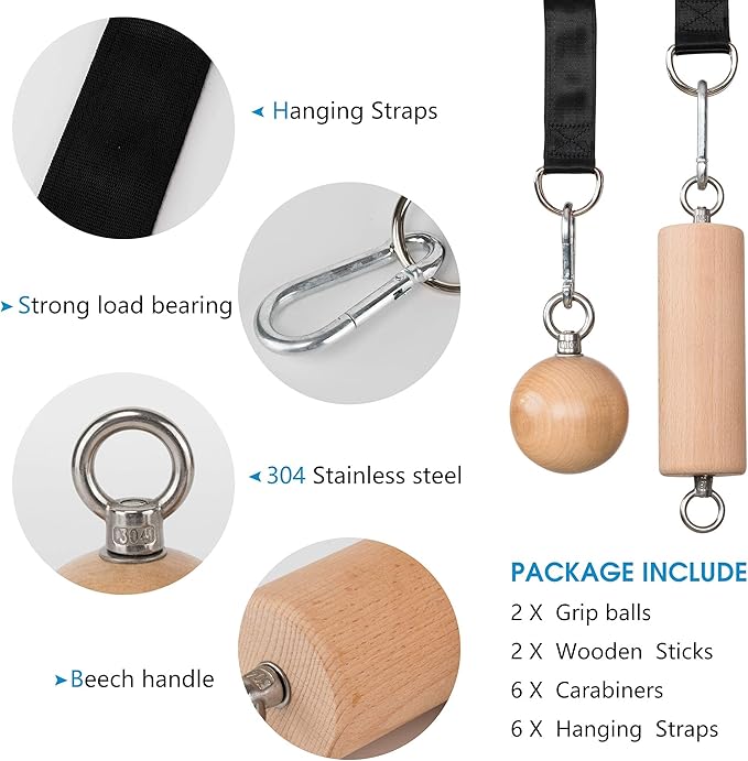 Wooden Pull Up Grips and Balls, Atomic Rock Climbing Holds Training Set,Grip Strength Trainer,Ninja Warrior Obstacle Course Handles and Rope.Suit(L/XL Ball(L/XL)