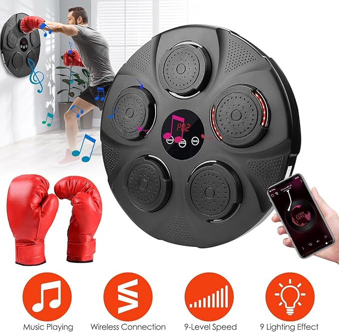 KOCASO Music Boxing Machine with Boxing Gloves - Wireless Smart Music Boxing Machine, 9 Speeds & 9 Modes Light - Wall Boxing Punching Pad Electronic Workout Machine for Home Gym