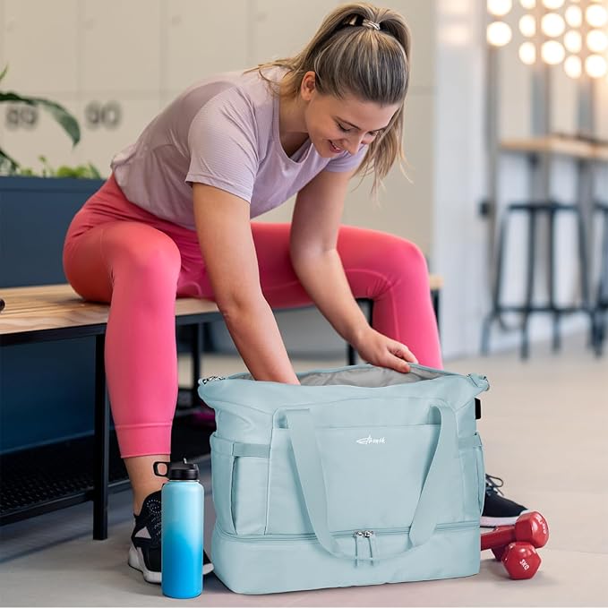ETRONIK Gym Bag for Women, Personal Item Travel Duffel Bag with Shoes Compartment, Weekender Overnight Bag with Wet Pocket & USB Charging Port, Carry On Bag for Women, Travel, Gym (Haze Blue)