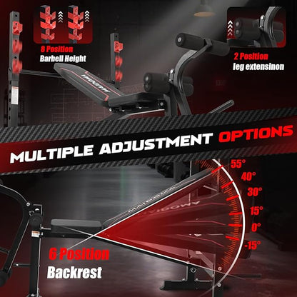 1500LB 8 IN 1 Weight Bench with Lat Pulldown and Leg Extension/Curl, Foldable Bench Press with Preacher Curl & Rack, Workout Benches with Safety Bar Catches for Home Gym(US Stock)