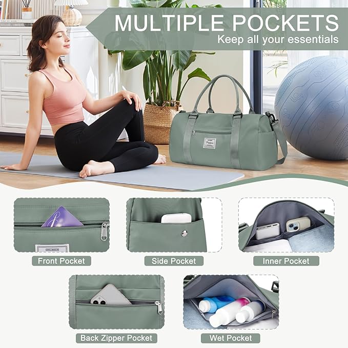 Gym Bagsfor Women with Shoes Compartment,Small Duffel BagsSport Bags with Toiletry Bags Overnight Travel Tote Bags Weekender Carry on Bag Personal Item Bag for Airlines Dark Green
