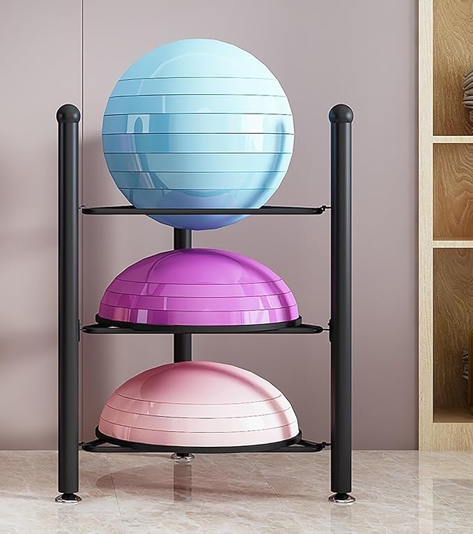 3/5/6/7 Tier Floor Stand Storage Organizer Exercise Half Balance Ball Storage Rack, Home Gym Workout Equipment for Bosu Slam Bowling Medicine Balls(Black,3 Layer - 27.5in)