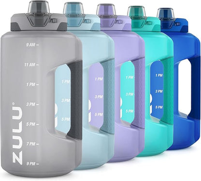 ZULU Goals 64oz Half Gallon Plastic Water Bottle with Straw and Time Marker | Large Reusable Jug with Handle and Leak Proof Lid for All Day Hydration, Gym and Outdoors, Gift Ready, Grey