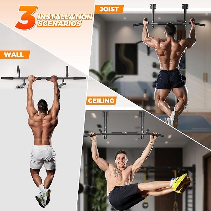 Joist Mounted Pull Up Bar, 3 in 1 Chin Up Bar Ceiling Mount Adjustable Height, 42" Wide Bar for Home Gym Cross Training Strength Building, Up to 350LBS