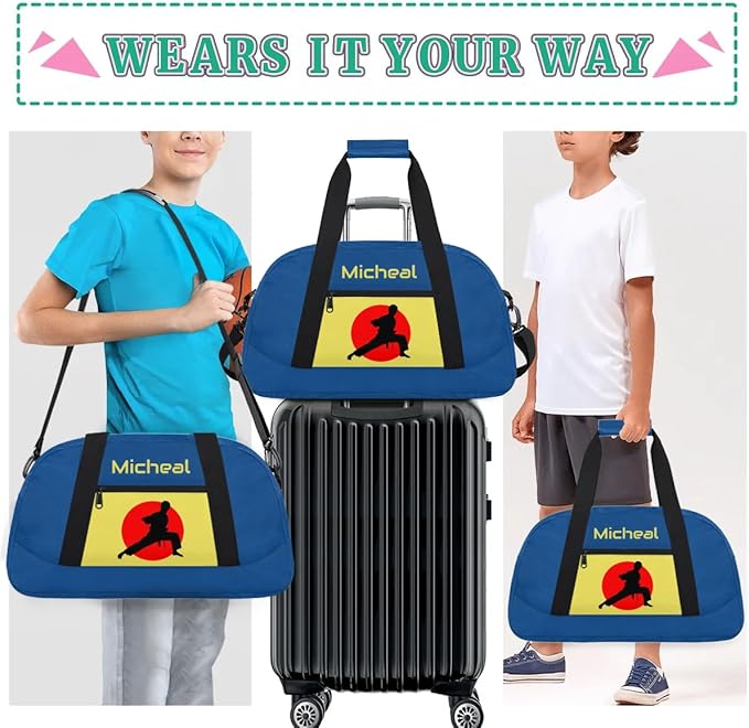 Personalized Martial Art Bag Duffel Bag for Boys Girls, Custom Taekwondo Karate Bag for Travel Weekender Practice Blue