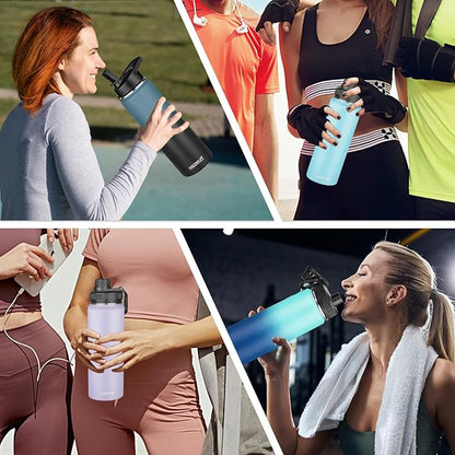 24oz Insulated Water Bottle with Straw&2 Lids, Stainless Steel Water Bottles, Sports Metal Water Bottle Cup, Double Walled Vacuum Insulated Bottles Leak-Proof Travel, Blue