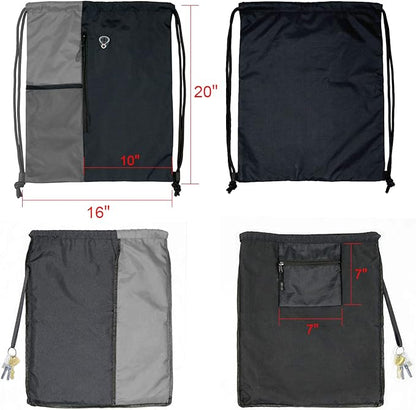 BeeGreem Grey Sport Bag Drawstring Backpack String Bag For Men Women Gym Backpack With Water Bottle Mesh Pockets And Two Zipper Pockets 16" x 20"