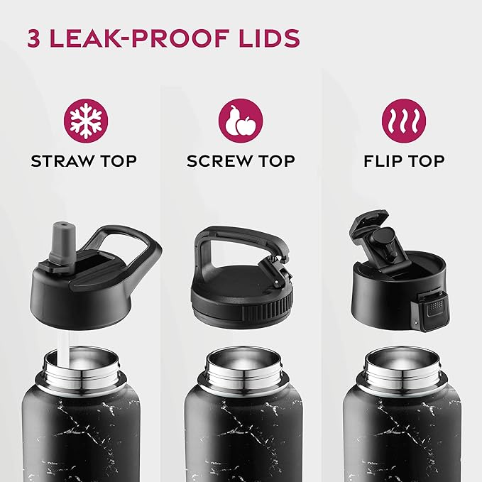 FineDine Triple Walled, Insulated Water Bottles with Straw - 25 Oz Stainless Steel Metal Bottle W/ 3 Leak Proof Lids - For Travel, School, Sports, Gym/Men, Women & Kids - Polished Raven Marble
