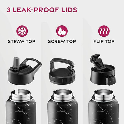 FineDine Triple Walled, Insulated Water Bottles with Straw - 25 Oz Stainless Steel Metal Bottle W/ 3 Leak Proof Lids - For Travel, School, Sports, Gym/Men, Women & Kids - Polished Raven Marble