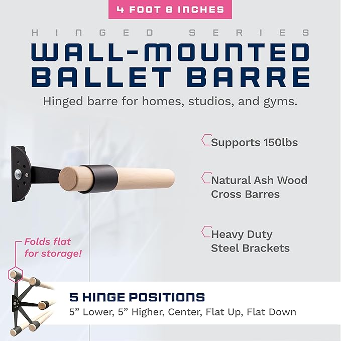 VITA Barre Wall-Mounted Single Ballet Barre, Traditional, Wood and Aluminum | Hinged Height, Made in USA, Home, Studio or Gym Exercise Equipment for Kids & Adults | Dance, Fitness, Pilates