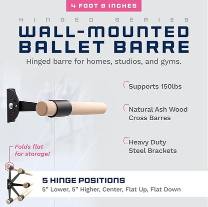 VITA Barre Wall-Mounted Single Ballet Barre, Traditional, Wood and Aluminum | Hinged Height, Made in USA, Home, Studio or Gym Exercise Equipment for Kids & Adults | Dance, Fitness, Pilates