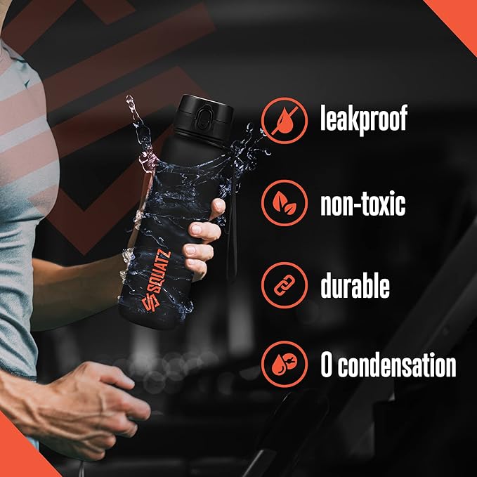 SQUATZ 34 Oz Poseidon Series Frosted Water Bottle - Premium Quality Wide Mouth Gym Flask with Fruit Infuser Strainer, Fixed Carrying Strap, Leak Resistance, and Zero Condensation, Black