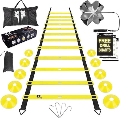 20ft Sports Agility Ladder for Men Women and Kids, Speed Youth Soccer Agility Training Equipment for Football, Exercise, Tennis, Legs Workout with Speed Parachute and Carry Bag
