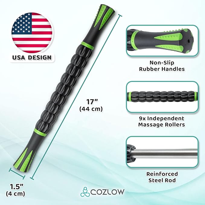 Muscle Roller Stick - Black Green - Body Massage Tool w/ 9 Rollers & Non-Slip Handles for Deep Tissue Massage & Maximum Muscle Recovery - by Cozlow