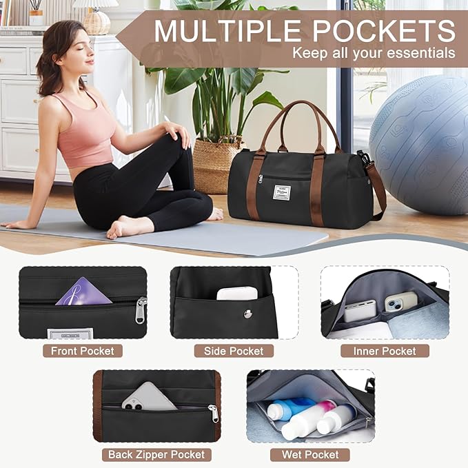 Gym Bag for Women Men with Shoes Compartment,Sports Duffle Bag Personal item travel Duffel Bags Tote Bag Small Carry on Weekender Overnight Bags Workout Dance Bag Hospital Holdalls Black Brown