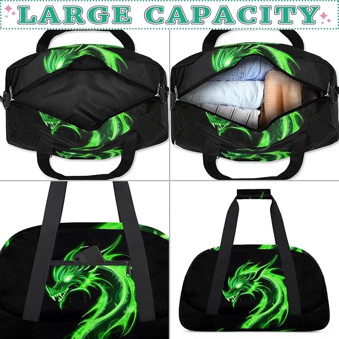 Green Dragon Kids Duffel Bag for Boys, Abstract Animal Sports Gym Bags Overnight Travel Weekender Lightweight Carry On Sleepovers Duffels for School Practice Gymnastics