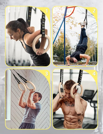 GHB Gymnastic Rings Wooden Gym Rings 1.25" Olympic Rings Adjustable Straps Pull Up Rings Sets for Workout Bodyweight Fitness Training