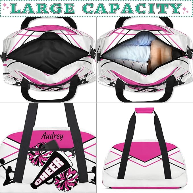 Custom Sports Gym Bag for Girls Cheerleading Bag, Personalized Sport Dance Bag Travel Overnight Small Duffel Bag Gymnastics Workout Sleepover Bag, Rosy White Black CHEER