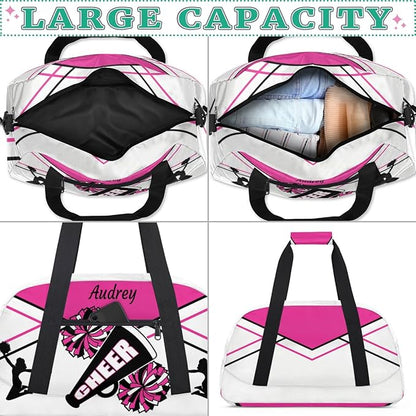 Custom Sports Gym Bag for Girls Cheerleading Bag, Personalized Sport Dance Bag Travel Overnight Small Duffel Bag Gymnastics Workout Sleepover Bag, Rosy White Black CHEER
