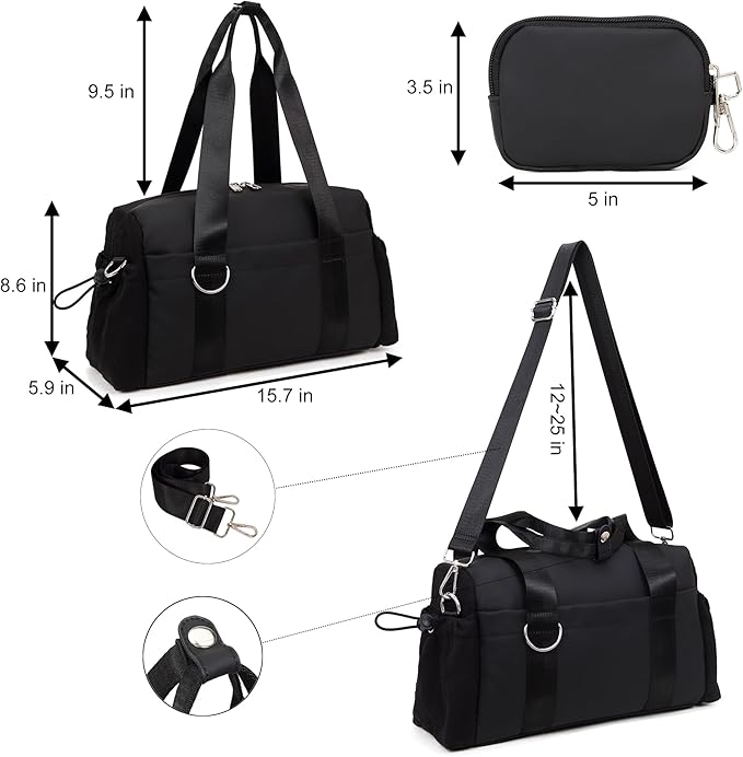 Everyday Mini Gym Bag for Women 2.0, Small Tote with Zipper Compartment Waterproof Travel Duffle Cute Handbag Workout Carry On with Removeable Shoulder Strap & Coin Wallet Easy to Clean - Black