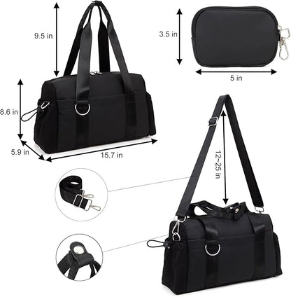 Everyday Mini Gym Bag for Women 2.0, Small Tote with Zipper Compartment Waterproof Travel Duffle Cute Handbag Workout Carry On with Removeable Shoulder Strap & Coin Wallet Easy to Clean - Black