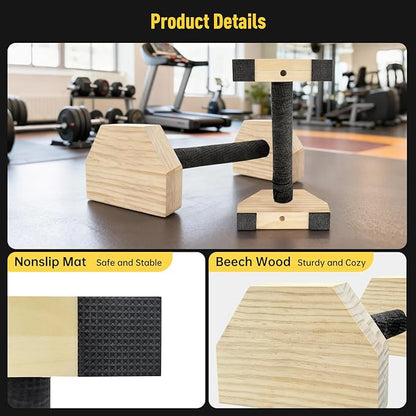 Push-up Stand, Wooden Parallettes Bars for Handstand Training, Solid Push Up Bars & Calisthenics Bar, with Non-Slip strap, Exercise Home Workout Equipment for Men Strength Training