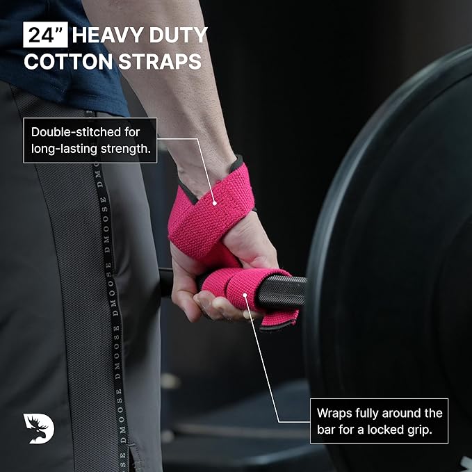 DMoose Fitness Lifting Straps 24" (Pair) - 5mm Padded Durable Wrist Straps for Weightlifting & Powerlifting - Cotton Lifting Strap with Silicone Grip for Men & Women - Deadlift Strap for Gym Workout