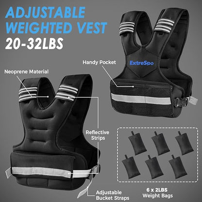 Adjustable Weighted Vest for Women and Men, 4-10lb/11-20lb/20-32lb Weight Vest with 6 Ironsand Weights, Body Weight Vest Exercise Set with Reflective Strip for Strength Training and Workout