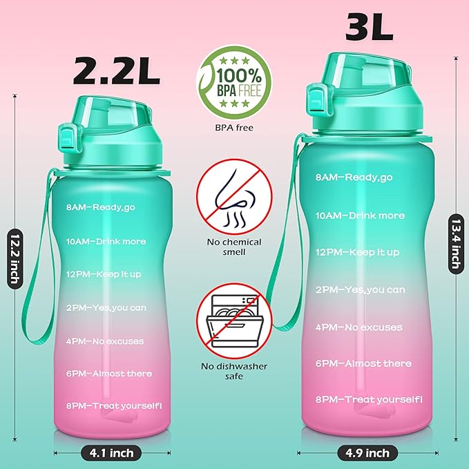 Gallon Motivational 64/100 oz Water Bottle with Time Marker & Straw, Large Daily Water Jug for Fitness Gym Outdoor Sports, Remind of All Day Hydration, Leak Proof, BPA Free (green+pink, 100oz)