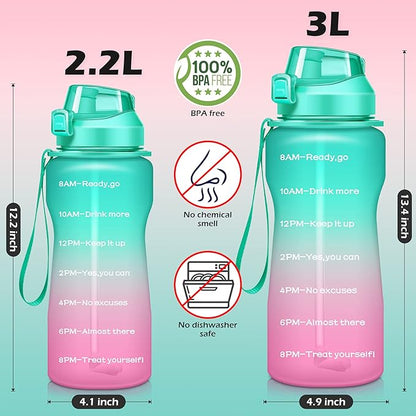 Gallon Motivational 64/100 oz Water Bottle with Time Marker & Straw, Large Daily Water Jug for Fitness Gym Outdoor Sports, Remind of All Day Hydration, Leak Proof, BPA Free (green+pink, 100oz)