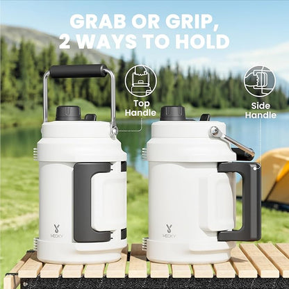 64 oz Insulated Water Bottle for Gym: Meoky Triple Wall Vacuum Stainless Steel Half Gallon Water Jug - Top and Side Handles, 2-in-1 Straw and Spout Lid, Cold for 36 Hrs, Leak Proof for Camping (Ivory)