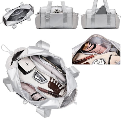 Everyday Mini Gym Bag for Women 2.0, Small Tote with Zipper Compartment Waterproof Travel Duffle Cute Handbag Workout Carry On with Removeable Shoulder Strap & Coin Wallet Easy to Clean-Silver