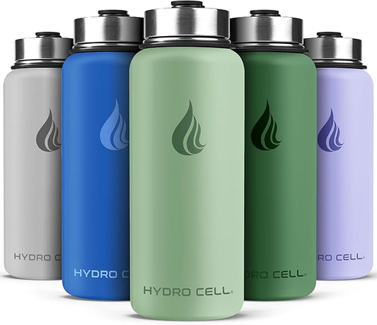 HYDRO CELL Stainless Steel Insulated Water Bottle with Straw - For Cold & Hot Drinks - Metal Vacuum Flask with Screw Cap and Modern Leakproof Sport Thermos for Adults (Sage 32oz)