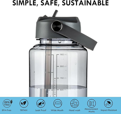 OLDLEY 32 oz Clear Water Bottle with Straw,Tritan BPA-Free, Wide Mouth, Leak Proof - for Gym, Travel, Home, School, Office (Grey)
