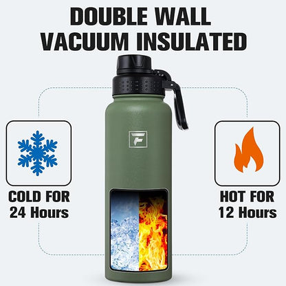 Fanhaw 40 oz Insulated Water Bottle – Stainless Steel Flask with 3 Lids (Straw, Spout, Carabiner) | Durable, Leakproof, for Hiking, Camping, Outdoor Adventures & Travel (Olive Green)