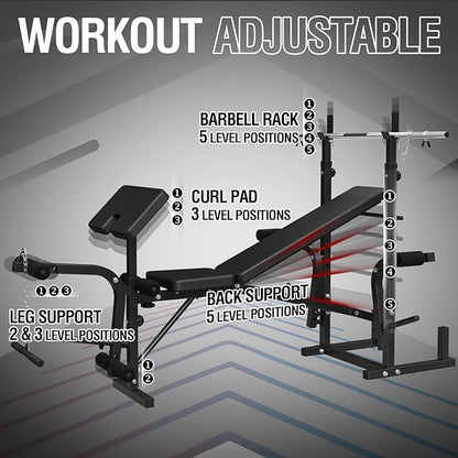 Mikolo 8 in 1 Olympic Weight Bench Set with Leg Extension and Leg Curl, Multi-Function Bench Press Set with Preacher Curl Pad and Chest Fly, Full-Body Strength Training Equipment
