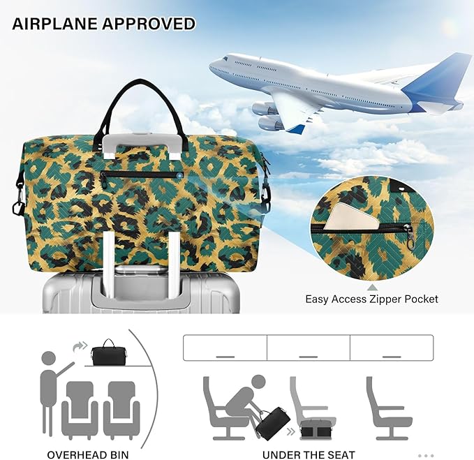 Weekender Bags Travel Duffel Gym Bag Leopard Green Skin Animal Carry on Overnight Tote Bag with Toiletry Bag for Airplane Travel Trip Gym Yoga