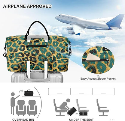 Weekender Bags Travel Duffel Gym Bag Leopard Green Skin Animal Carry on Overnight Tote Bag with Toiletry Bag for Airplane Travel Trip Gym Yoga