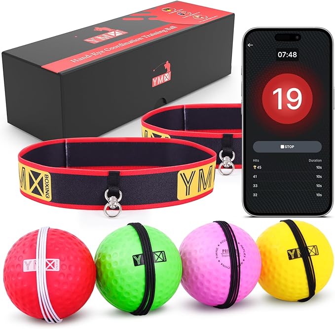 YMX BOXING® Ultimate Reflex Ball Set with Counter App - 4 React Reflex Ball Plus 2 Adjustable Headband, Great for Reflex, Timing, Accuracy, Focus & Coordination Training for Boxing, MMA and Krav Mega