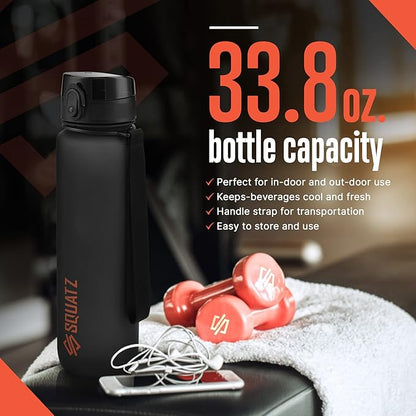 SQUATZ 34 Oz Poseidon Series Frosted Water Bottle - Premium Quality Wide Mouth Gym Flask with Fruit Infuser Strainer, Fixed Carrying Strap, Leak Resistance, and Zero Condensation, Black