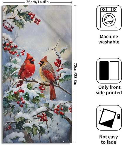 Winter Red Bird Hand Towels Pack of 2 Sweet Couple Cardinal Fingertip Towels Birds Holly Berry Branches Snow Christmas Holiday Bathroom Towels Soft Fast Drying Face Towel for Kitchen Spa Gym